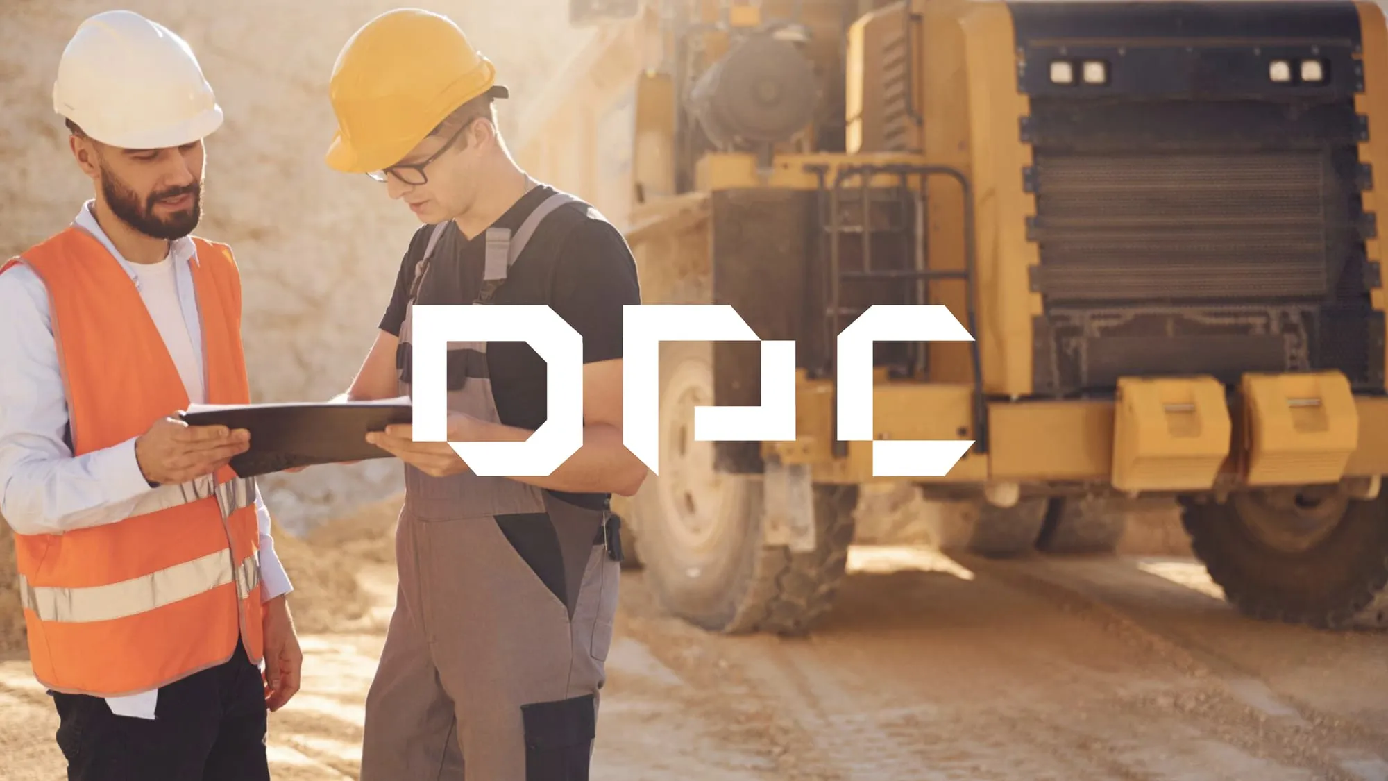 DPC branding over photography of mining engineers on site