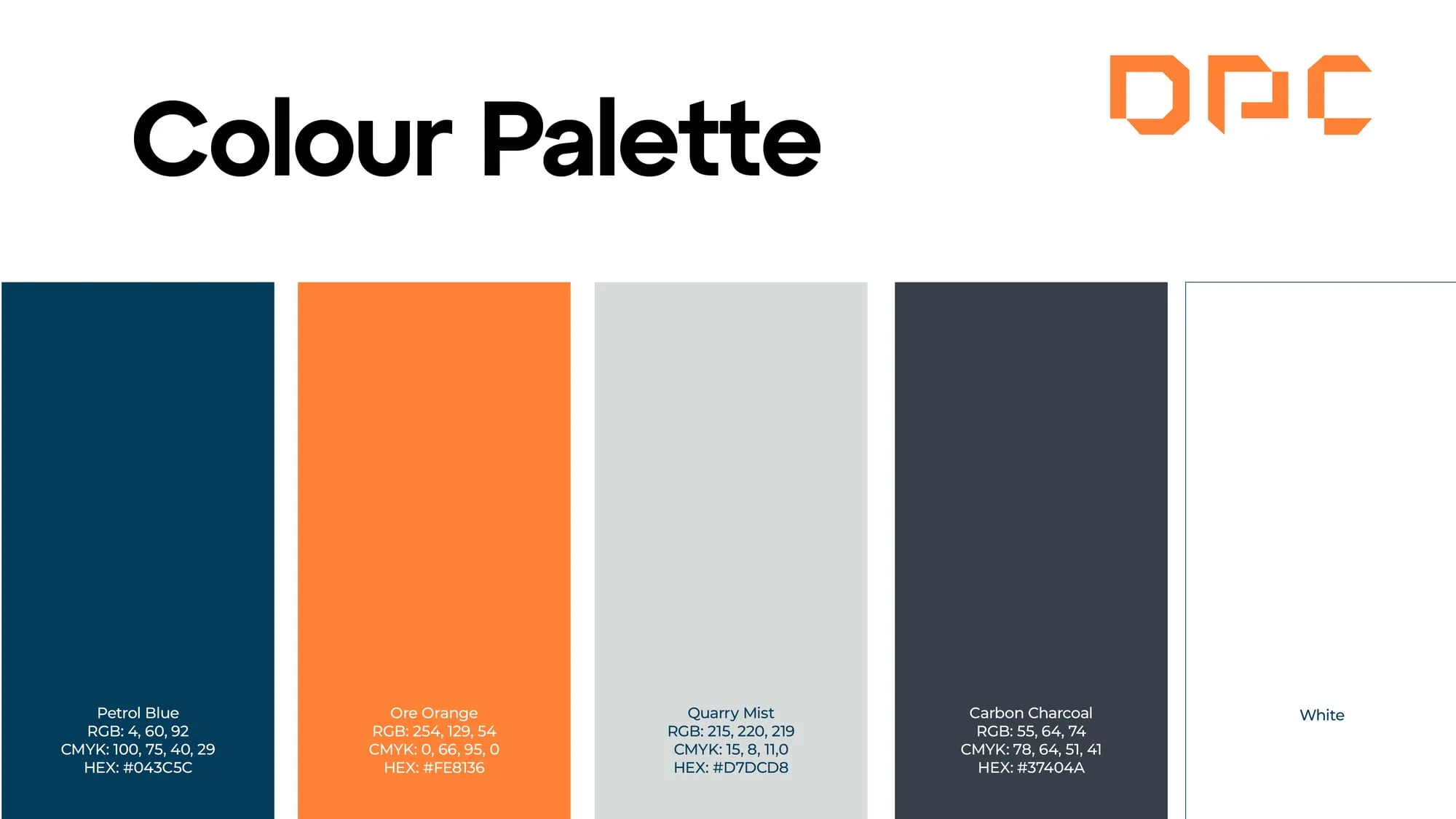 DPC colour palette: petrol blue, ore orange, quarry mist, carbon charcoal and white