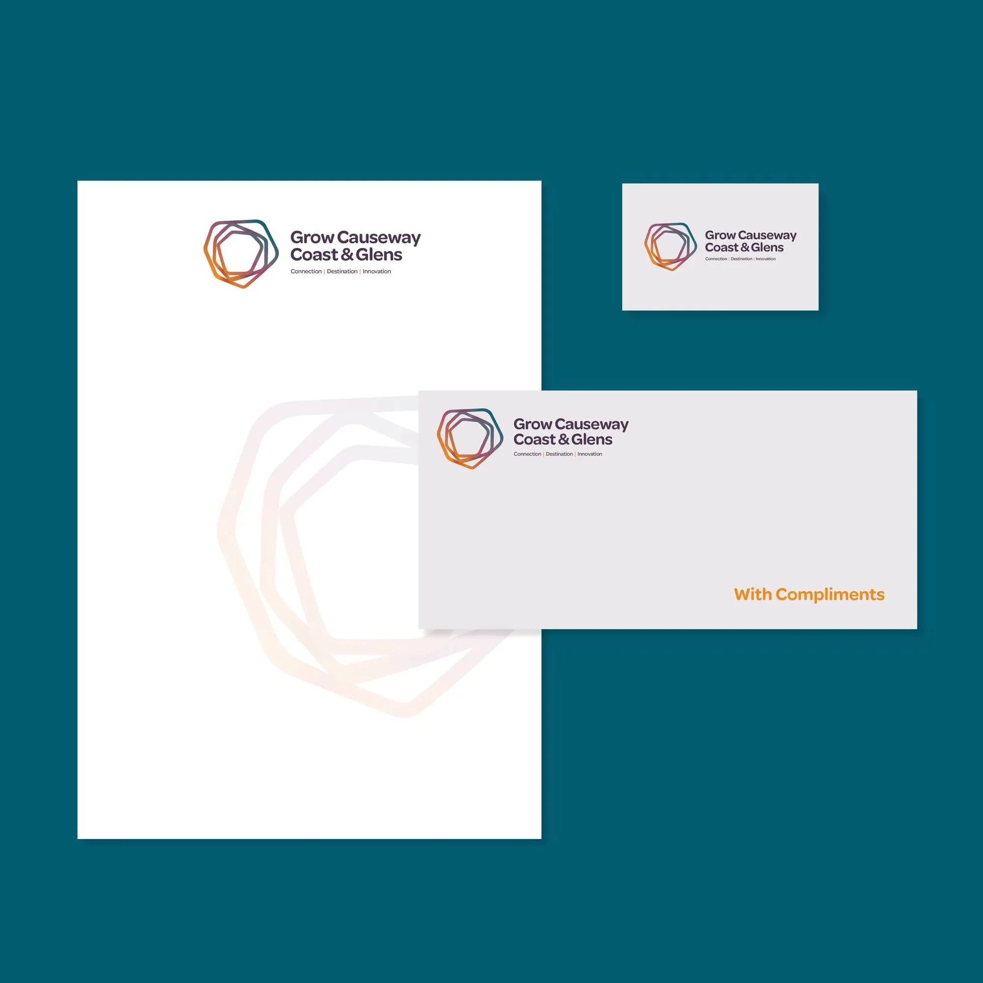 Grow Causeway stationery: letterhead, business card and compliment slip