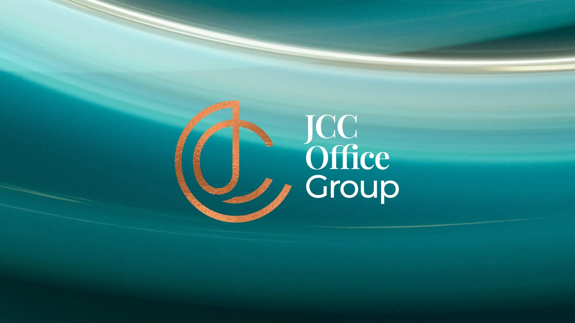 JCC Office Group identity applied over a flowing teal background