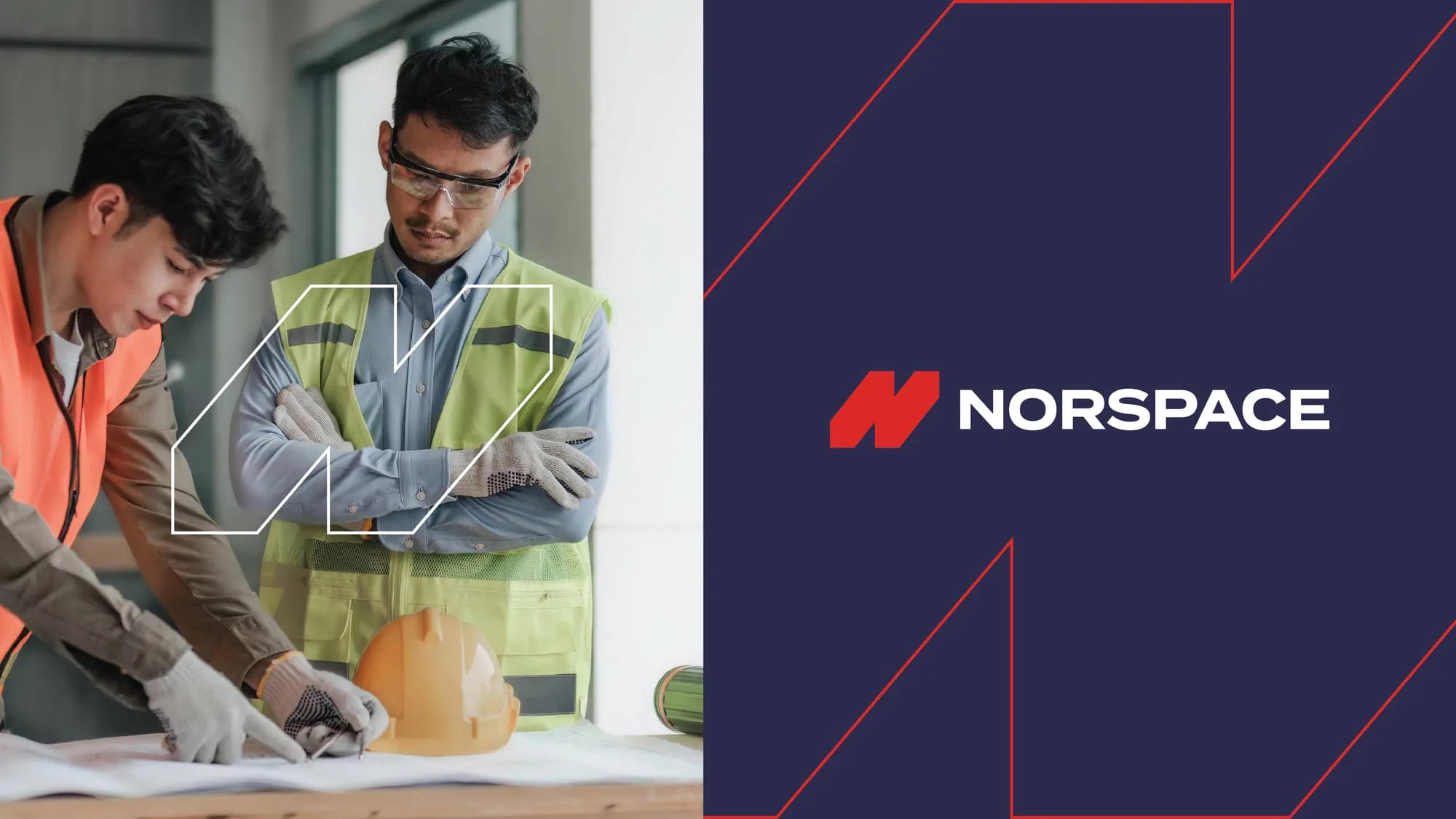 Norspace brand applied alongside on-site photography of workers
