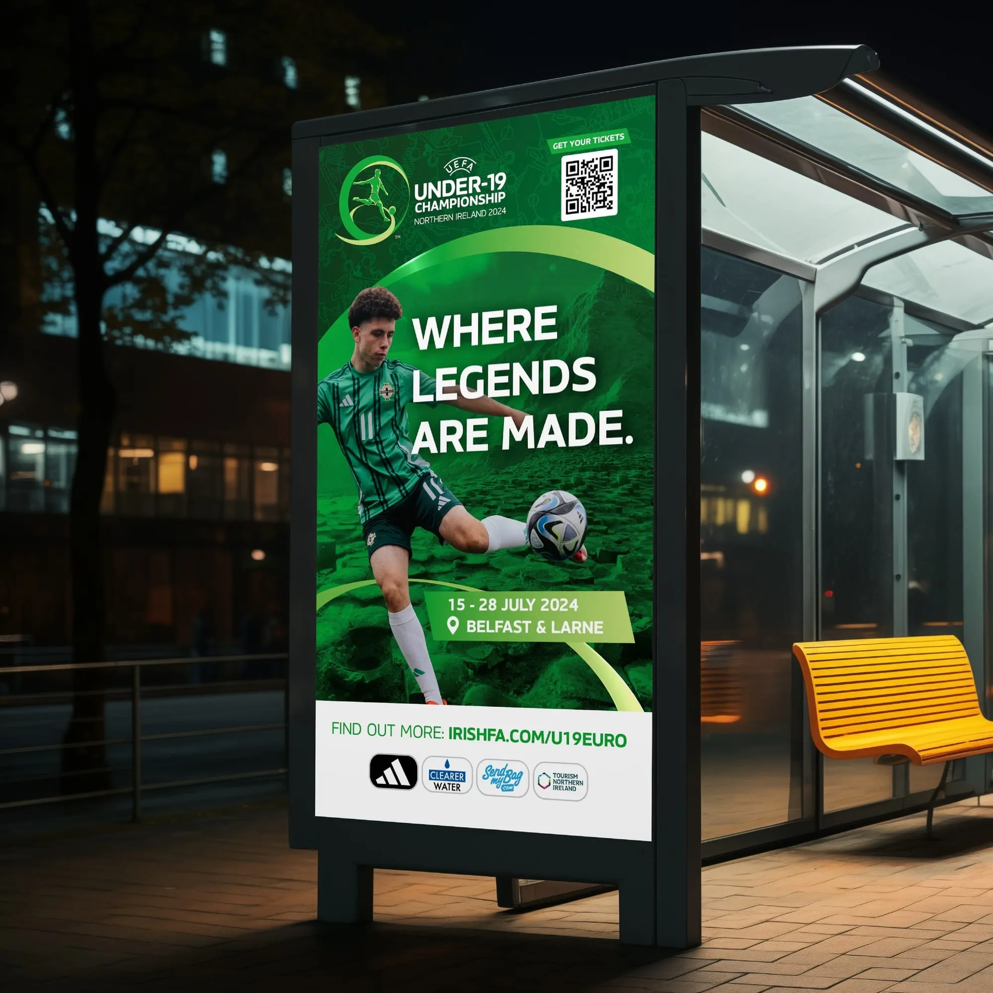UEFA Under-19 Championship artwork at a transit shelter